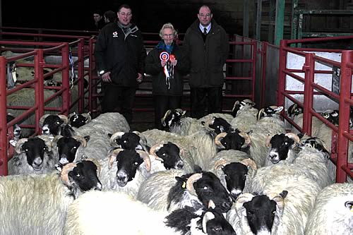 Champion pen of Blackfaced Hoggets, L to R Ross Pattinson of Agri-Lloyd, Margaret Fergusson of Barlaes and judge Andrew Dawson